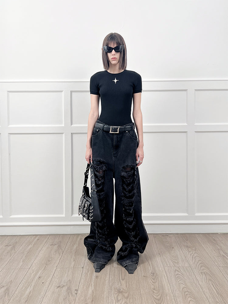 ANNAKIKI  Designer Women's Niche Black Ripped Distressed Jeans Wide-leg Pants-SPIKE