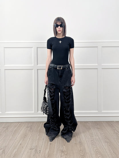 ANNAKIKI  Designer Women's Niche Black Ripped Distressed Jeans Wide-leg Pants-SPIKE