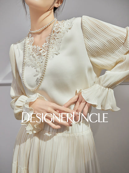 DGU| Beige New High-End Ruffled Lace Stitching Design Long-Sleeved Top - RUBY.
