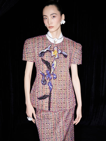 M essential Ma Kai designer kneaded gold coarse spinning iris stacked embroidery slim top - LIVING.