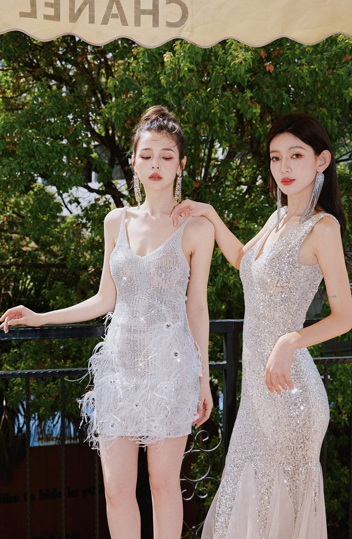 DOLLY Luxury Sliver V-Neck Sleeveless Beaded Sequin Feather Short Dress-JULIA