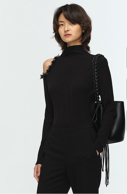 COMME MOI Lu Yan designer's new women's off-the-shoulder stud bead slim wool knitwear - TIRED.