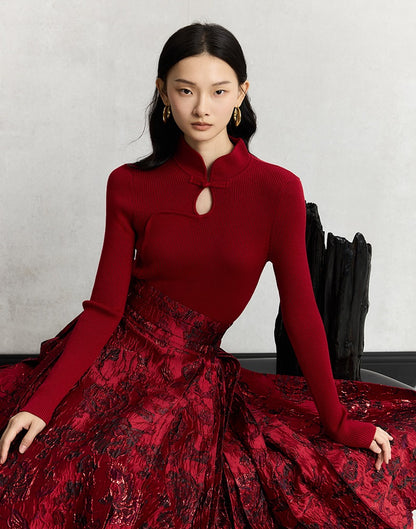 HECO Cheongsam Collar Hollow Buckle red black apricot Knitwear Slim Bottom - whom.