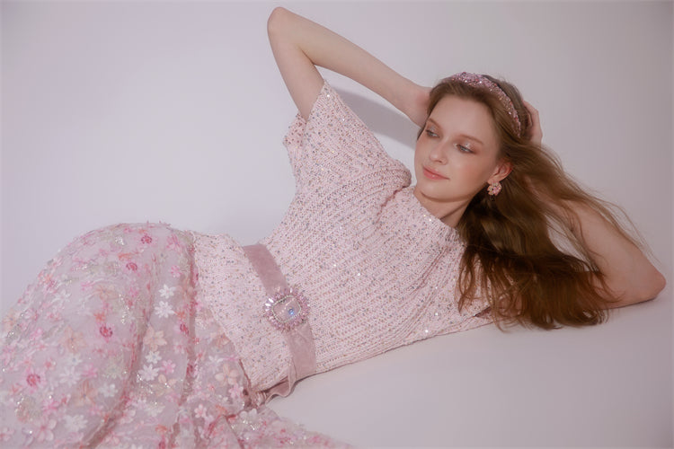 Wardrobes by Chen Elegant Pink Sequin Embroidered Long midi Skirt - Jiaa