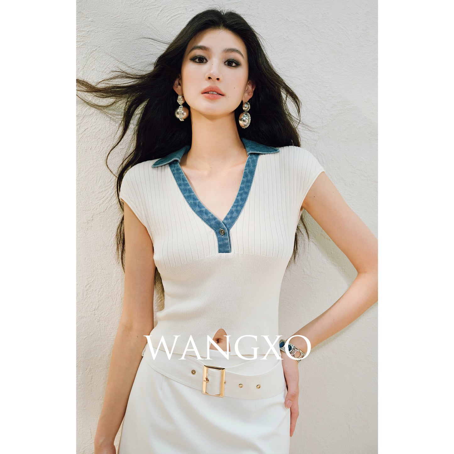 WANGXO | Soft Glutinous Knit & Contrasting High-Quality Denim V-Neck Slim Top -NIVA
