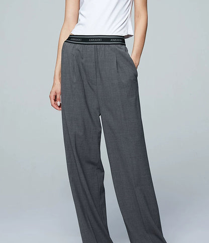ANNAKIKI designer gray wool elastic waist wide-leg casual trousers-UZUMAKI