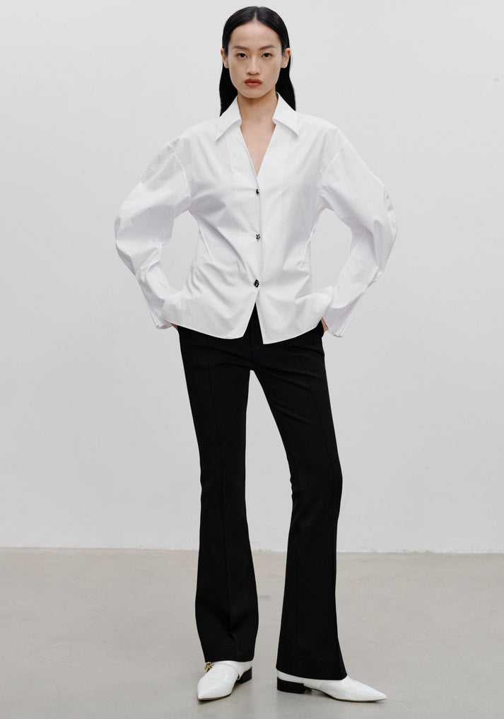 COMME MOI Lu Yan designer's new women's white cotton elastic V-neck commuter shirt - GIFTED.