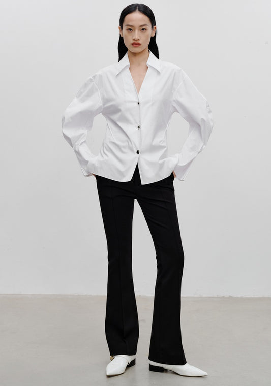 COMME MOI Lu Yan designer's new women's white cotton elastic V-neck commuter shirt - GIFTED.