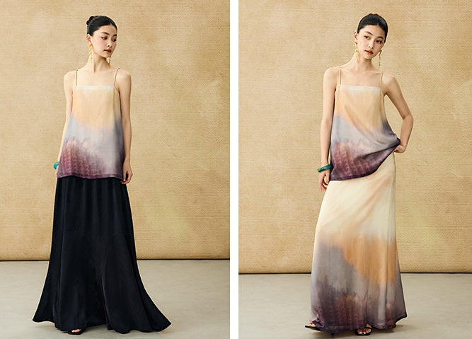 HECO Chinese Style Smudge Human Silk Camisole Cool and Breathable Seaside T - PALM.