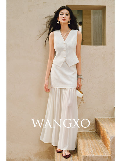 WANGXO |Light Georgette V-Neck Vest & Flowing  Skirt Suit Set-RINA