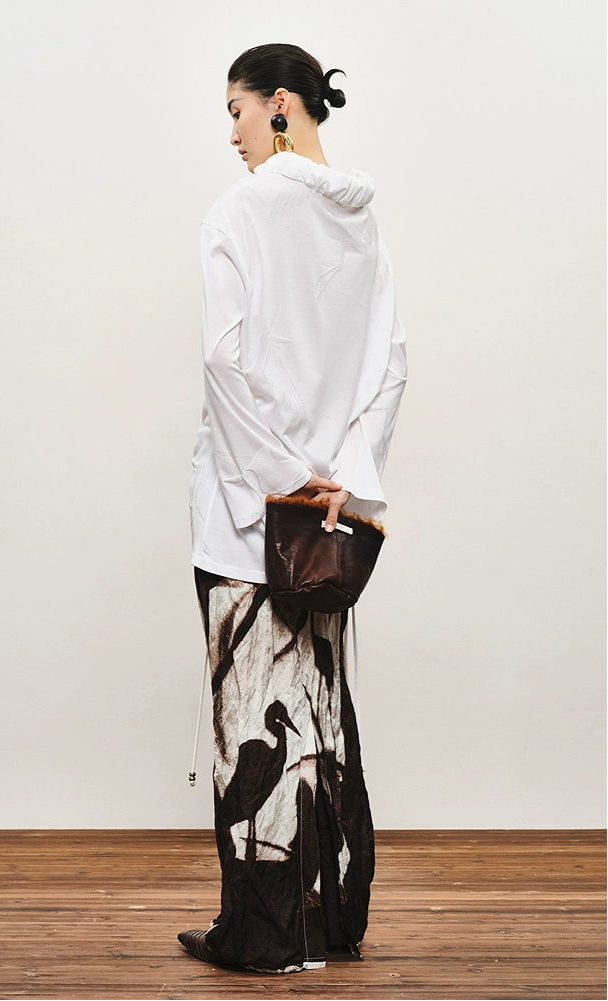 ZHUCHONGYUN Autumn Stork Leaf Slit Drawstring Skirt--YATO.