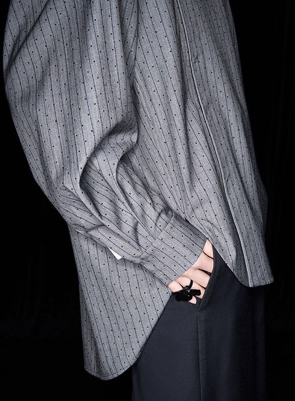 M essential Mackay designer sand diamond grey stripe diamond buckle silhouette shirt - ESHE .