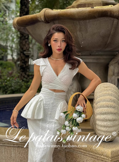 Le Palais Vintage  embroidery cotton wrap short top + high-waisted bud skirt-TEE.