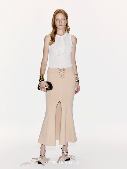 ATELIER MISS LU Crossover Tie Design Front Slit Fishtail Maxi Skirt - MARTIN.