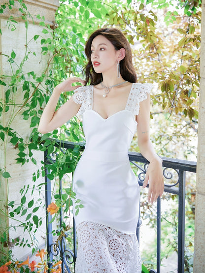 DOLLY Elegant White/Yellow V-Neck Sleeveless Lace Midi Birthday Guest Dress-THALIA