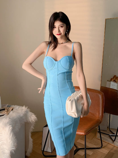 DOLLY Elegant Blue Deep V-Neck Sleeveless Knitted Body Hug Party Dress-KAREN
