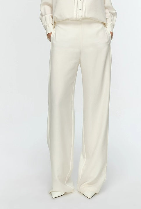 COMME MOI Lu Yan designer's new women's off-white silk texture straight-leg pants - AUTUMN.