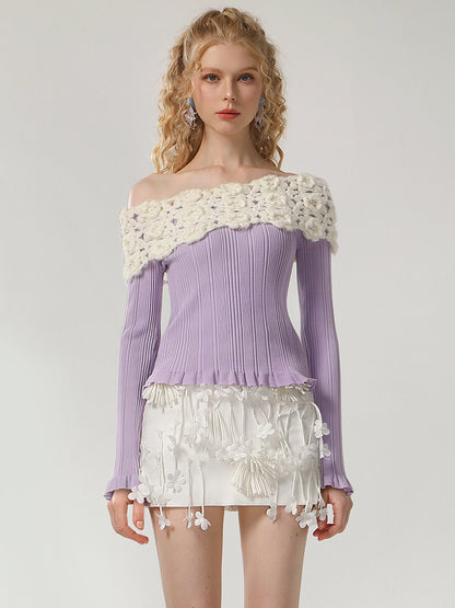 CHECOCRE Sophisticated Purple and white Women's Slim Slanted Shoulder Sweater- LUKE