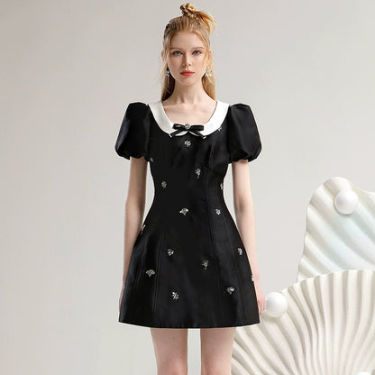 CHECOCORE Elegant  Sequin Doll Collar Women's Short Black Dress - LILLY