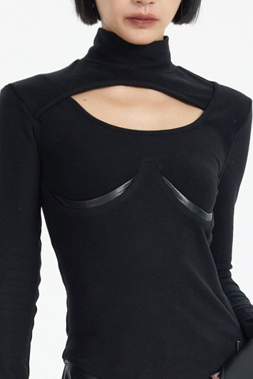 TINY IN black knit PU leather cuff top - SONO.