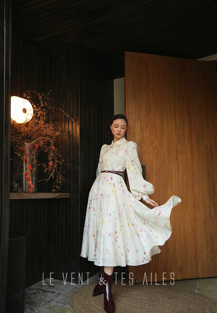 LE VENT&TES AILES Luxury summer vacation floral print Fancy Midi Dress-ZOE
