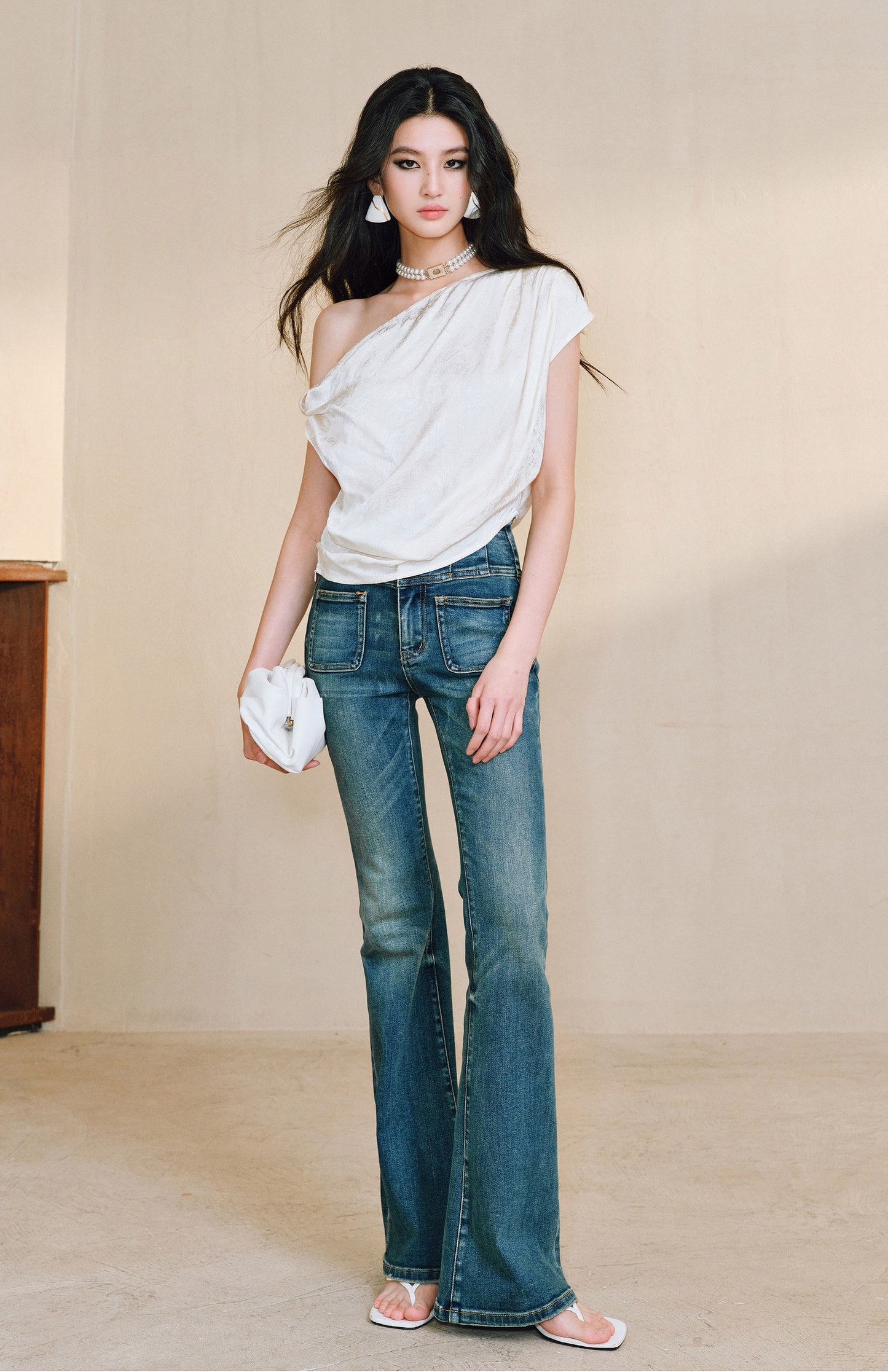 WANGXO Heavy Work Glossy Satin Hand-Pinched Pleats Slanted Shoulders Twisted Top - CERYS