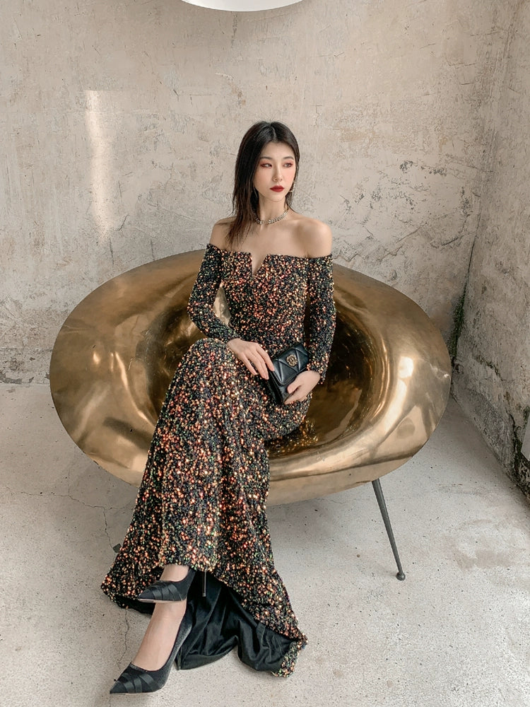 DOLLY High End Sequin Off Shoulder Long Sleeve Slim Fit Long Fish Tail Evening Dress-KASSIE