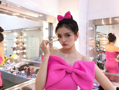 DOLLY Elegant French Style Pink Off Shoulder Big Bow Short Dinner Dress-JOMA