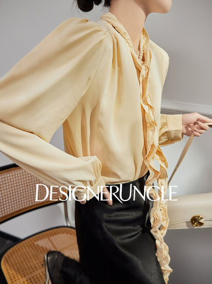 DGU "Euphemism" goose yellow shirt commuter ruffle slimming versatile top - LOVER.