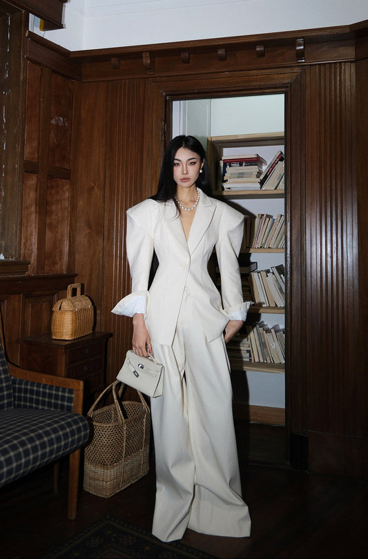 MEI SANGUAN Strong-Shoulder Blazer & Wide-Leg Pants Suit - BRIGHTON