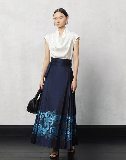 HECO Woven Gold Pattern Blue Horse Face Pleated High Waisted Skirt - tech.