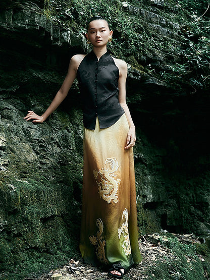 HECO Chinese blended gradient golden dragon embroidered straight skirt - RELY.