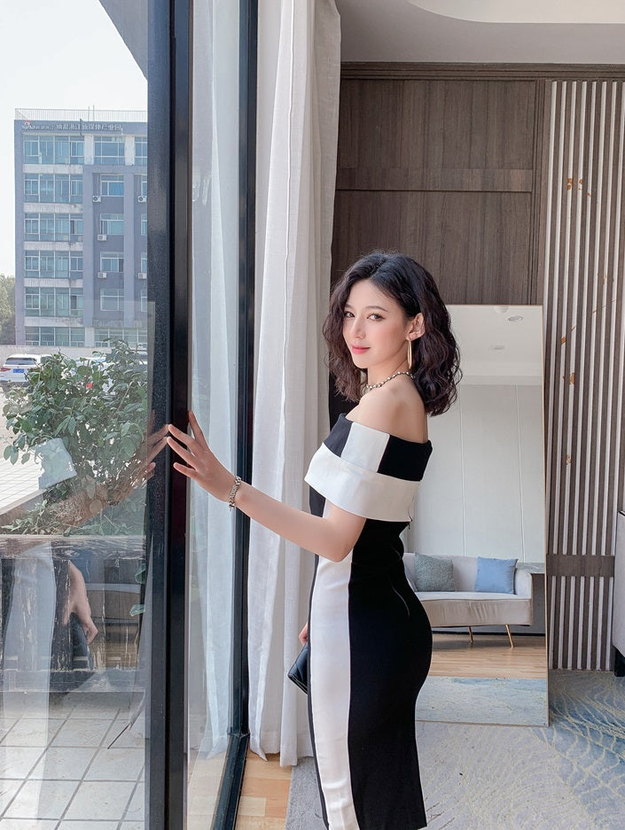 DOLLY Elegant Black and White Off Shoulder Short Sleeve Long Bandage Dress-MAZE