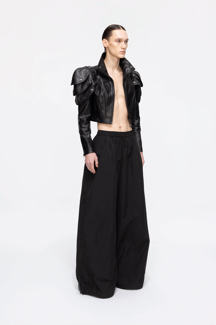 ANNAKIKI black deconstructed three-dimensional short leather jacket-AZUSA
