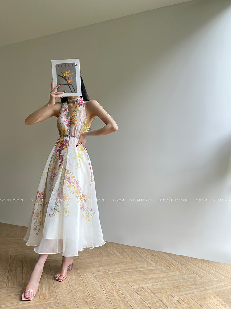 Aconiconi Elegant Japanese Style Printed Long Loose Halter Dress- Daylily and Breeze M / White Aconiconi Elegant Japanese Style Printed Long Loose Halter Dress- Daylily and Breeze M / White