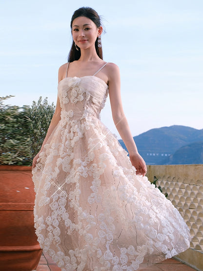 Wardrobes by Chen Luxury White/Beige Sleeveless  Flower Dress-Leah