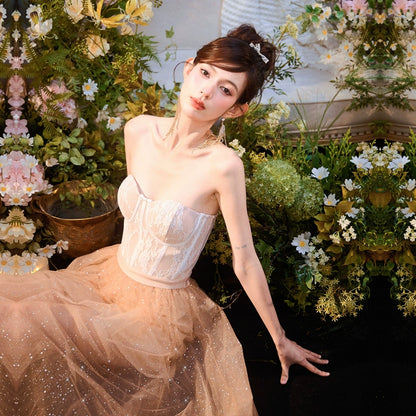 DOLLY Elegant Fake Two Piece Sleeveless Tube Top Sequin Long Dress-POLA