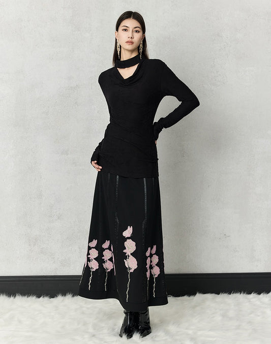 HECO high-density suit embroidered black A-line skirt women - beta.