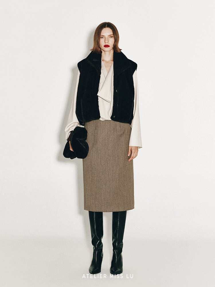 AtelierMissLu Fall/Winter Sheep wool high-waisted straight skirt - ANGEL.