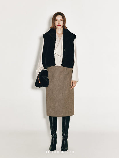 AtelierMissLu Fall/Winter Sheep wool high-waisted straight skirt - ANGEL.