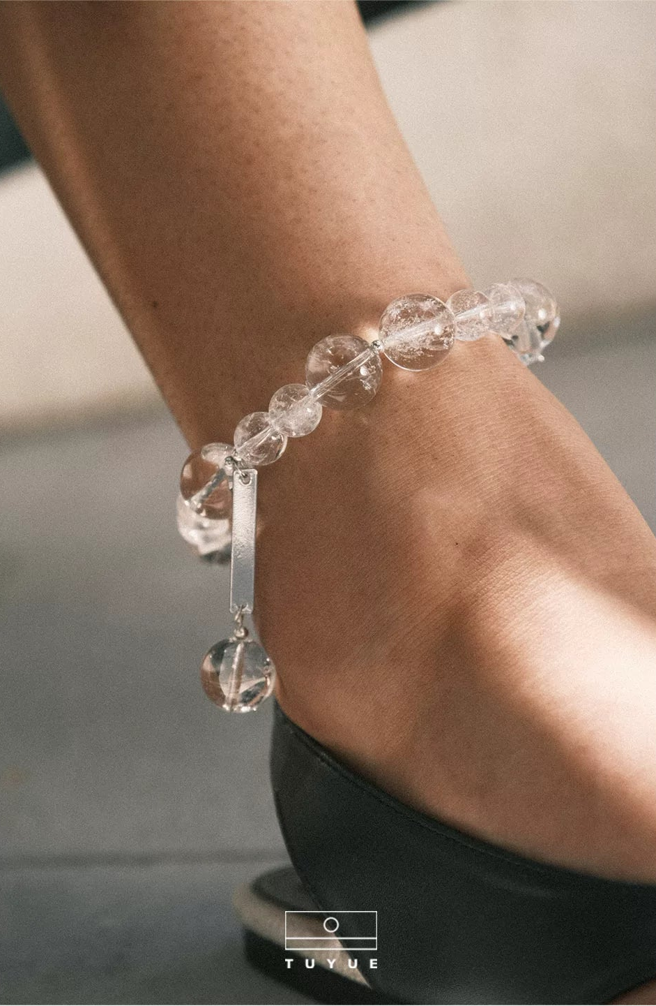 TUYUE natural white crystal energy signal bead ankle bracelet- JANET