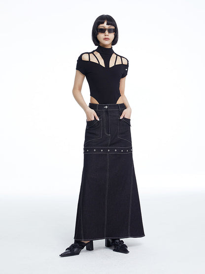 TINY IN black denim women's long a-line skirt -SALEM