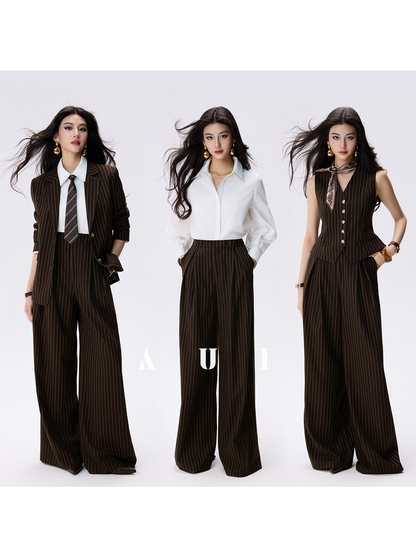 AUI Brown Striped Blazer Long Sleeve Polo Two-Piece Suit Skirt -  Haneul.