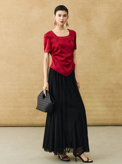 HECO Chinese Acetate Small Square Neck Short Sleeve Top- BEAK.