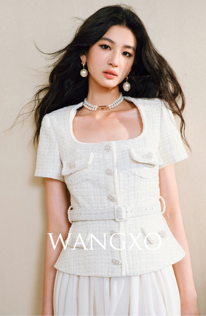 WANGXO Filigree Lumina Top High-End Delicate Webbing Belt & Square Neckline - MIRNA