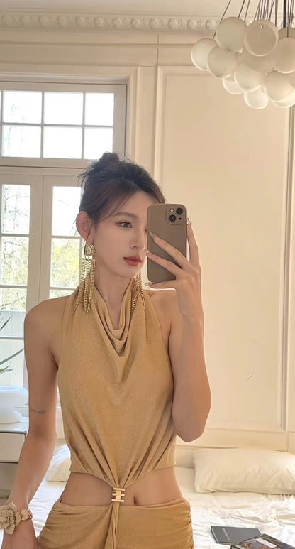 DOLLY High End Nude Swing Neck Sleeveless Waist Baring Irregular Hem Cocktail-LYLA