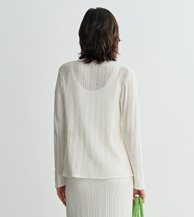 COMME MOI  Women's White Cutout Raw Edge Knitted Cardigan - MAYA.