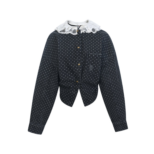 FAME Double-Collar Polka-Dot Denim Jacket - ELOWEN