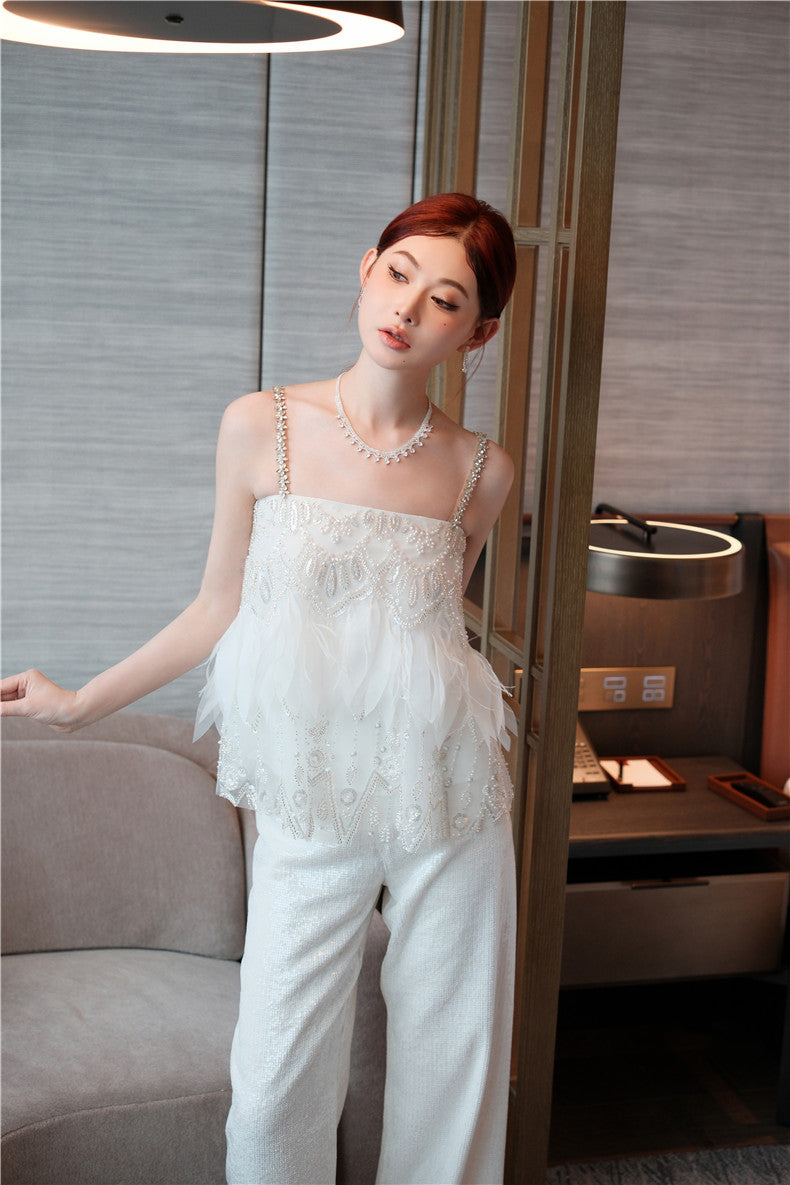 Wardrobes by Chen White sequin Strap Lace Loose Top High Waist Straight Pant-Lacey