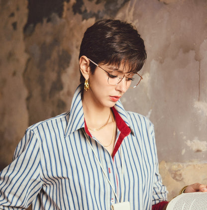 ANNASPEAK cotton up-and-down loose slimming striped long-sleeved long shirt-KILO.